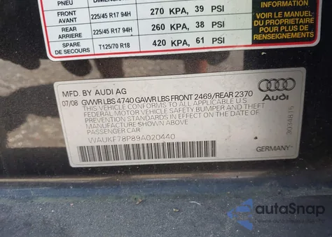 2009 Audi A3 2.0T z USA, uszkodzony, nr VIN WAUKF78P89A020440